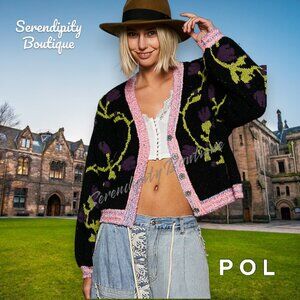 POL Bold Color Boho Punk 90s Grunge Thick Soft Jacquard Cardigan Sweater